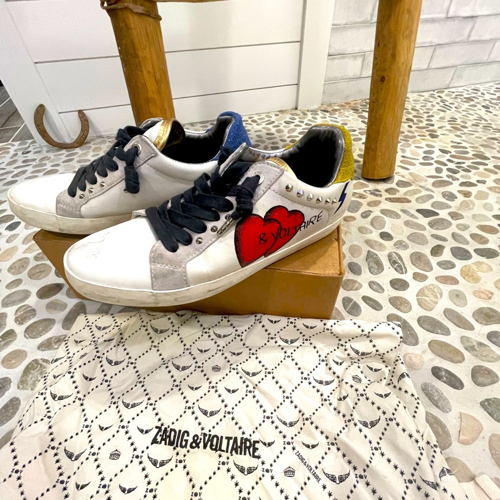 Zadig & Voltaire White Leather Sneakers with Red Heart Detail